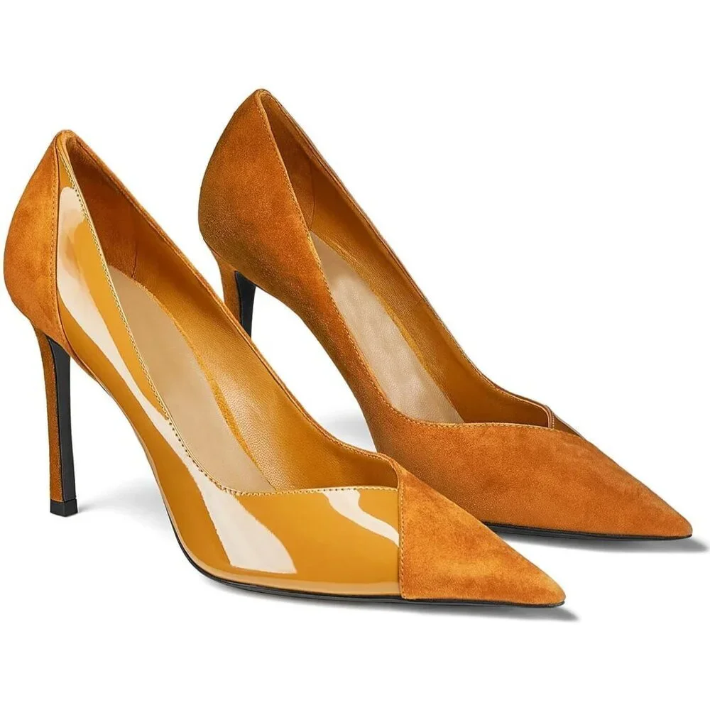 Women's Brown Pointed Toe High Heels Pumps Patent Suede Stiletto Heel Slip on